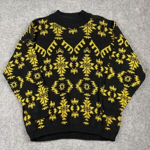 Vintage Nik-Nik Sweater Mens Large Black Yellow Geometric Aztec Made in USA